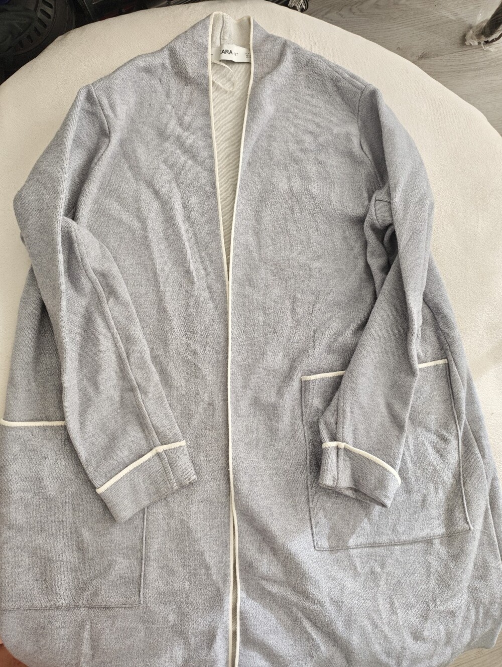 Zara Knit Grey Open-Front Cardigan with Cream Trim | Size M